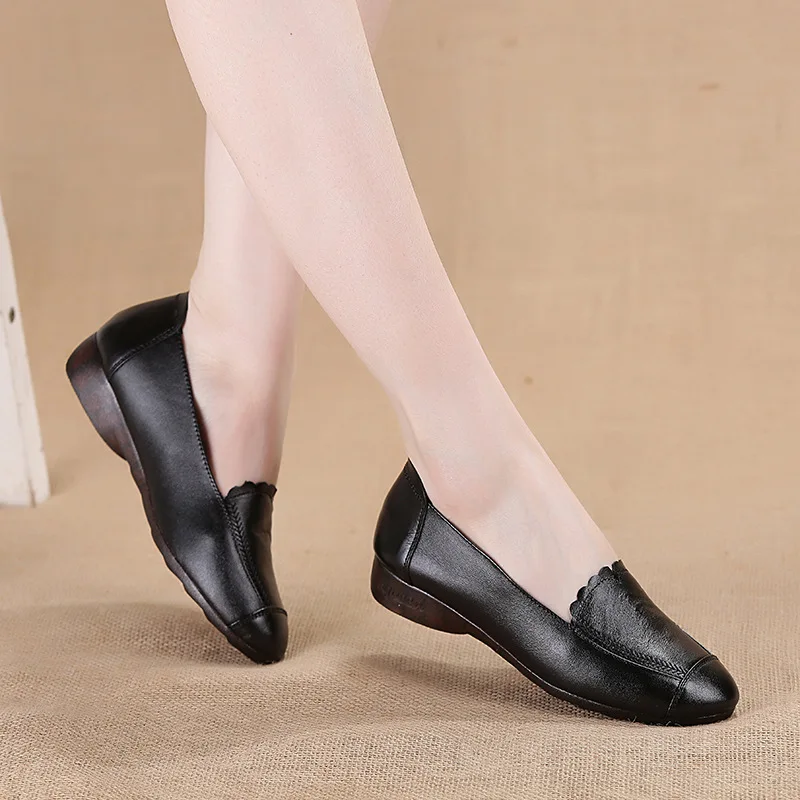 

New Style Genuine Leather 2019 Spring Adult Slanted Heel Korean-style Flat Mom Shoes Shallow Mouth Single Shoes Women's