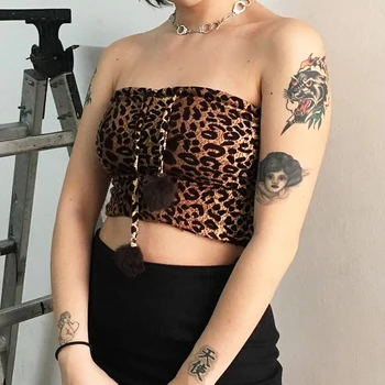 

Leopard Printed Tube Tops Women Cute Sexy Strapless Crop Top With Hairball Summer 2020 Fashion Wrap Top Rave Clothes