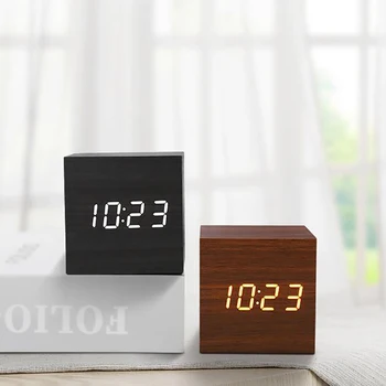 

LED Wood Grain Desk Clock Cube Digital Electronic Table Clock with Date Temperature Display Desk Alarm Clock Home Decoration New