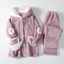 Sleepwear Woman Pijama Set Plush Cute Rabbit Ears Rabbit Pajamas Women Winter Thick Warm Hooded Home Service