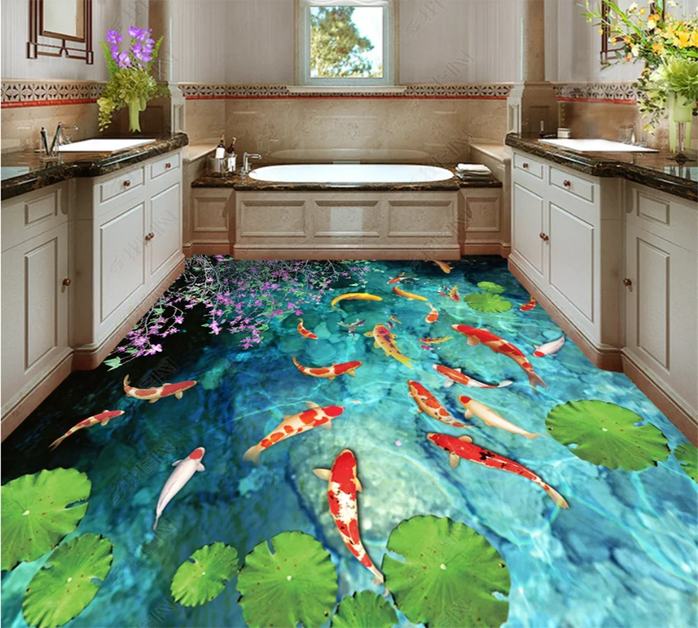 

beibehang Custom home floor fashion stream pond carp bathroom bathroom bedroom thick wear-resistant practical 3D floor