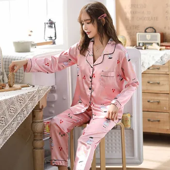 

Pajamas Sets Women Striped 100% Cotton Carton Fashion Women Long Sleeve Sleepwear Suit 2 piece Sexy Spring Home Lounge Gift