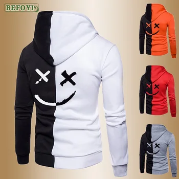 

Smiling Face Print Men's Color Block Hoodies Zipper Hombre Spring Male Patchwork Sweatshirs Man Hip Hop Zip Up Streetwear 2020