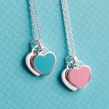 Romantic Europe Style Heart Pendant Necklace blue Pink bracelet Double Heart Link Chain Necklace For Woman Jewelry