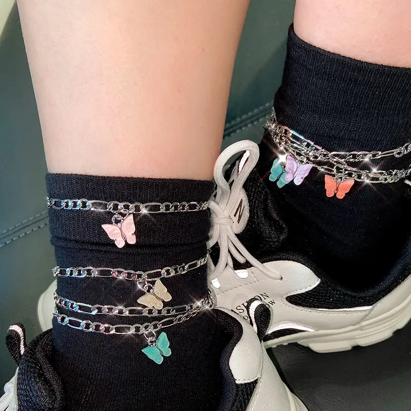JJFOUCS 2Pcs/Set Fashion Resin Butterfly Anklet for Women Copper Chain Leg Chain Silver Color Femal Anklet Beach Party Gifts JJFOUCS 2Pcs/Set Fashion Resin Butterfly Anklet for Women Copper Chain Leg Chain Silver Color Femal Anklet Beach Party Gifts