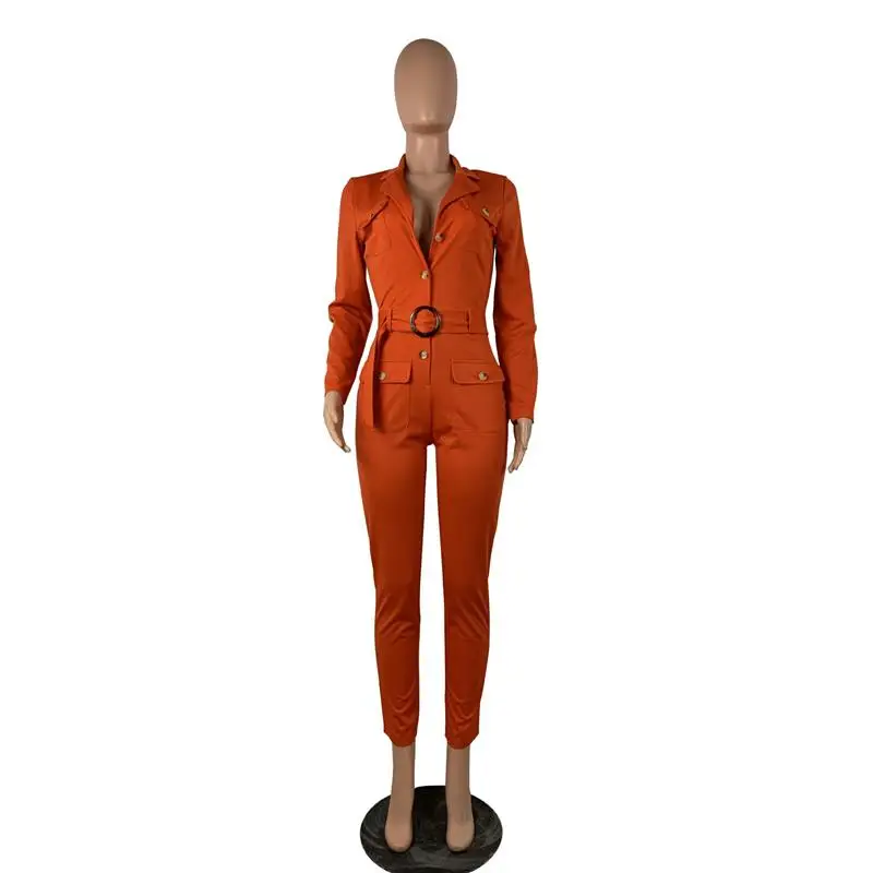 

Spring Autumn Lapels Pocket Bodysuit Button Belt Cardigan Jumpsuit Skinny Female Casual Elegant Overalls Playsuit