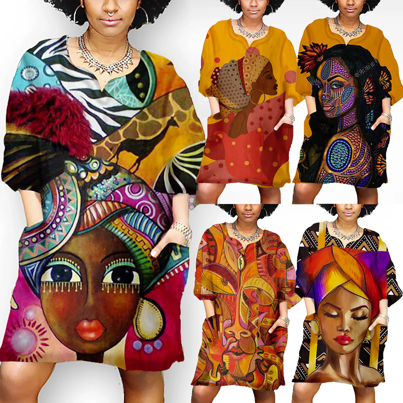 Elegant Dresses For Women African Vintage Print Dress Middle Sleeve V Neck Casual Mini Dress ÐŸÐ»Ð°Ñ‚ÑŒÐµ Vestido De Mujer Robe @40