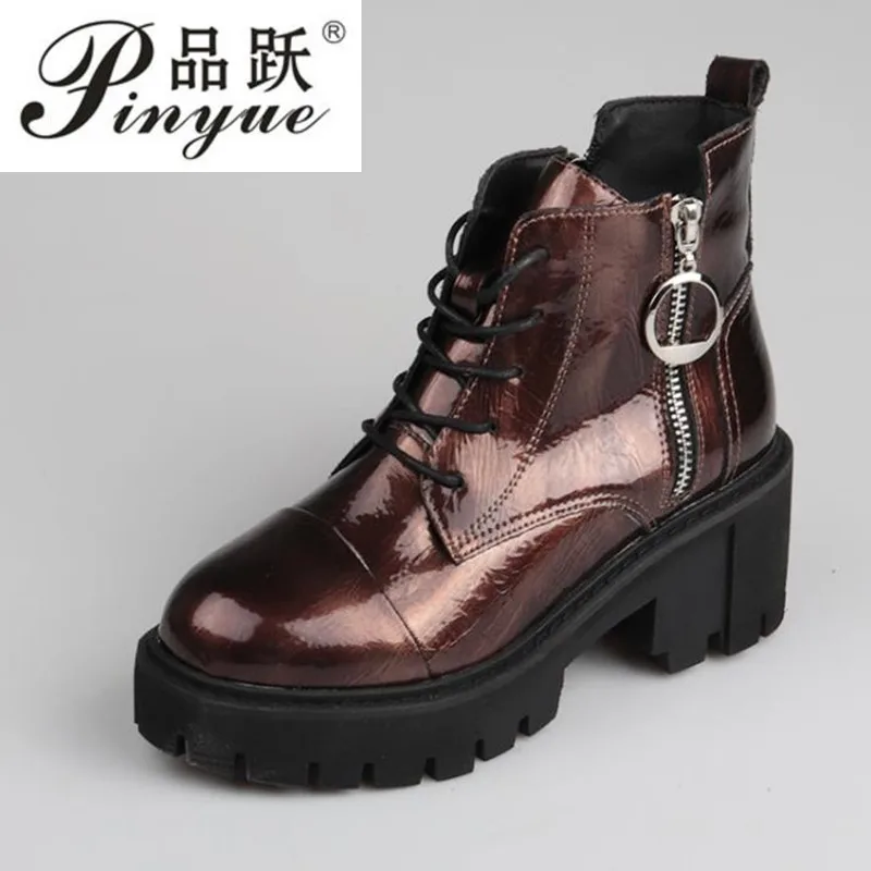 

2019 Round Toe Side Zipper Patent Leather Personality Casual Women Short Boots Patent leather thick-soled brock motorcycle boots