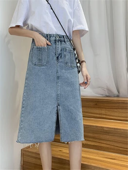 

Autumn New Women Denim Split Midi Skirts Female Blue A Line Pockets Vintage Wash High Waisted Skirts Fashion Girls Sweet Bottom