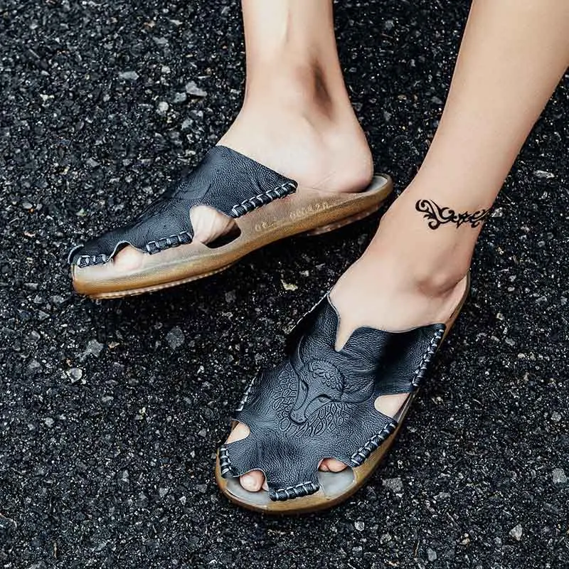 New Summer Men's Sandals Genuine Leather Breathable Shoes Roman Sandals Flats Man Slippers Roman Style Beach Sandals Hot Sale