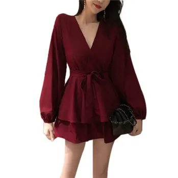 

US Women Solid V-neck Puff Off Long Sleeve Dress Ladies Ruffle A-line Mini Dress