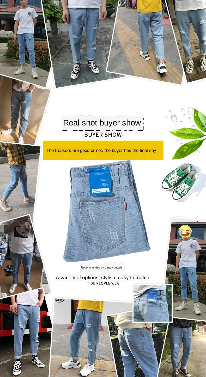 Men's Hole Jeans Loose Straight Leg Ankle-length Fashion All-match Begging Pants Korean-style Trend Denim Pants Men's Hole Jeans Loose Straight Leg Ankle-length Fashion All-match Begging Pants Korean-style Trend Denim Pants