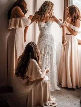 

Bohemian mermaid Wedding Dresses Cotton Crochet Lace Off Shoulder Love Spell Full length Country Boho Mermaid Beach Bridal Gown