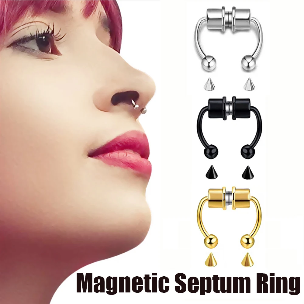 1PC Fake Piercing Magnetic Nose Septum Ring with Replace Cone Balls For Women Unisex Fashion Black