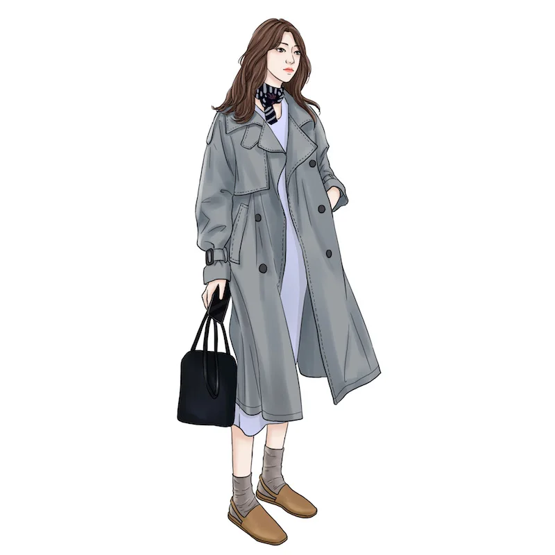 

Spring Fall Women Fashion Korea Style Grey Trench Middle Long Turn Down Collar Long Sleeve Double Breasted Solid Color Coat