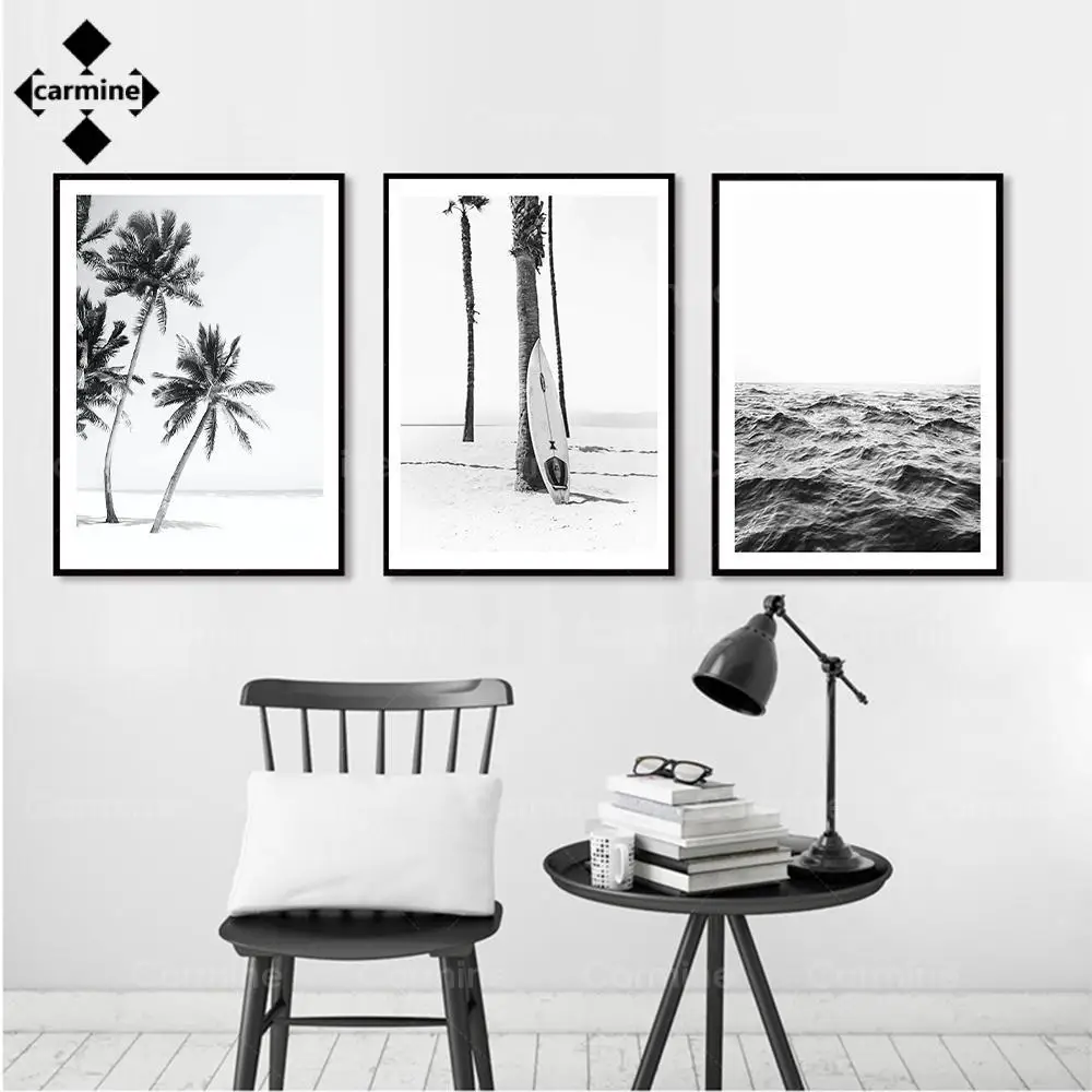 Nero Bianco Wall Art Canvas Painting Nordic Coconut Tree Beach Island Wave Poster E Stampe Immagini A Parete Per La Decorazione Unica Della Stanza