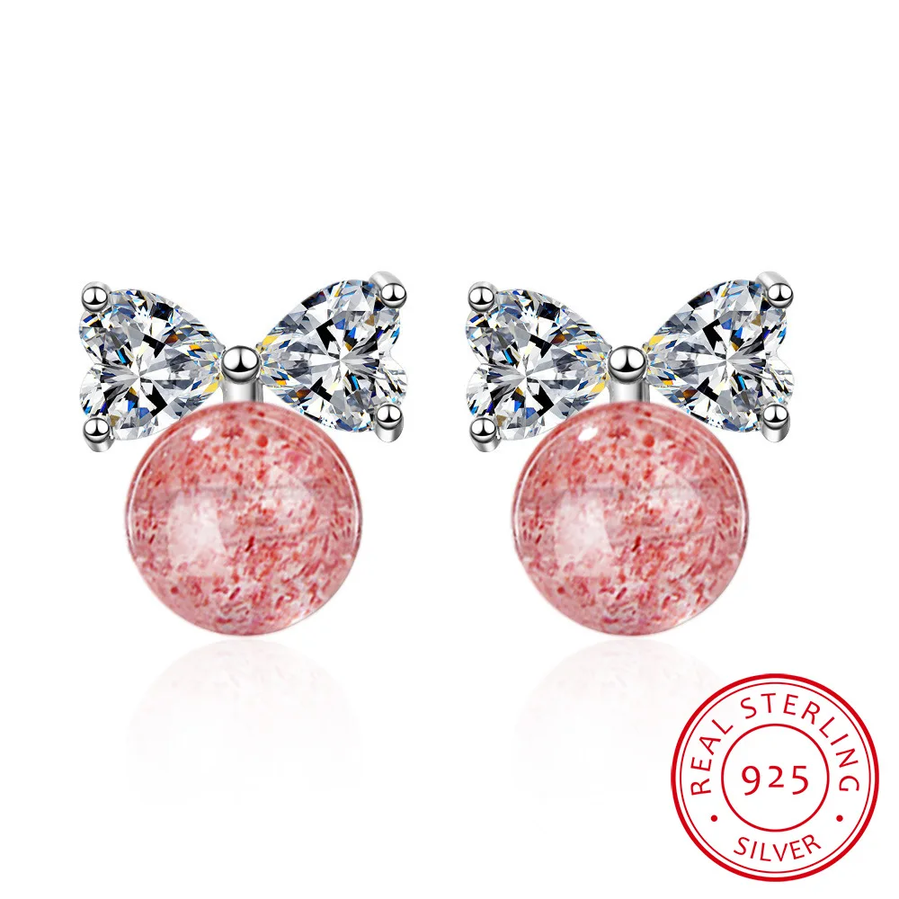 

New Arrivals 925 Sterling Silver Stud Earrings For Women Fresh Strawberry Crystal Sweet Bow sterling-silver-jewelry