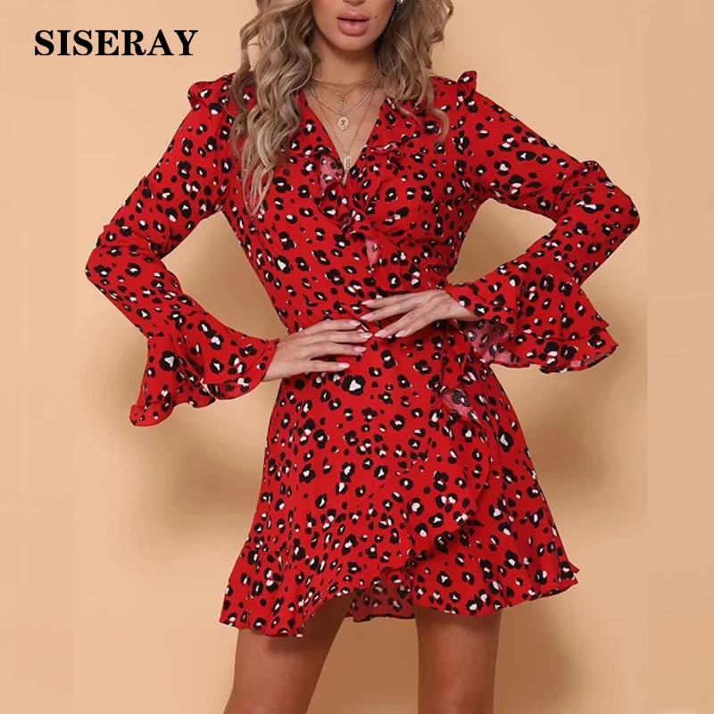 

Fashion 2019 V Neck Ruffle Leopard Print Wrap Dress Bell Sleeve Elegant Frill Short Dress Women Vestidos Sashes Dress