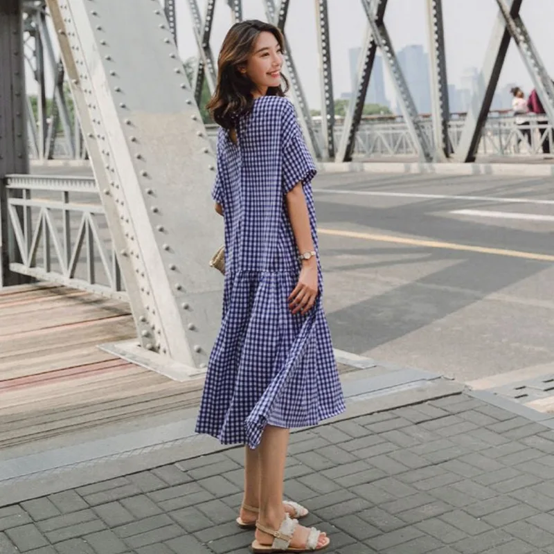 

Photo Shoot Normcore Style Crew Neck Classic Plaid Backless Lace-up Dress Women's South Korea Ulzzang Flounced Long Skirts