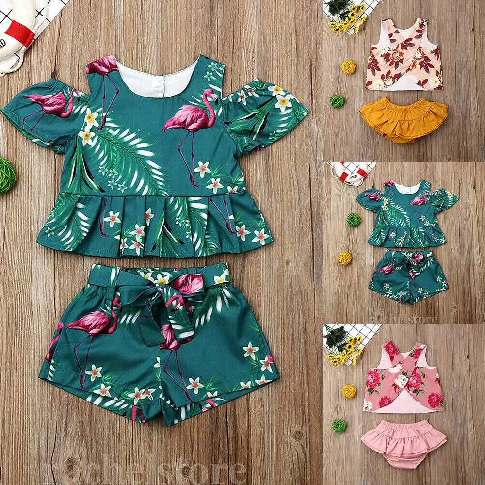 CYSINCOS 2pcs Cotton Baby Girls Clothing Set Toddler Kids Summer Clothes Floral Vest T Shirt Tops Shorts Outfits Children Set