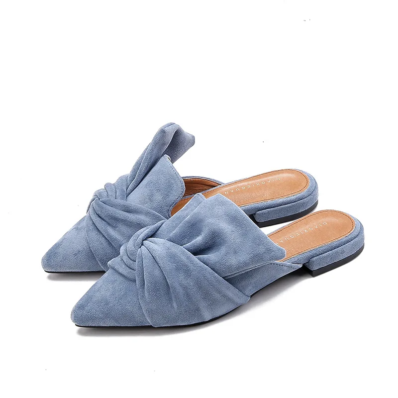 

Women Slippers Flock Bowtie Female Mules Fashion Low Heels Shoes Pointed Toe Ladies Plus Size Elegant Slipper Bath home slippers
