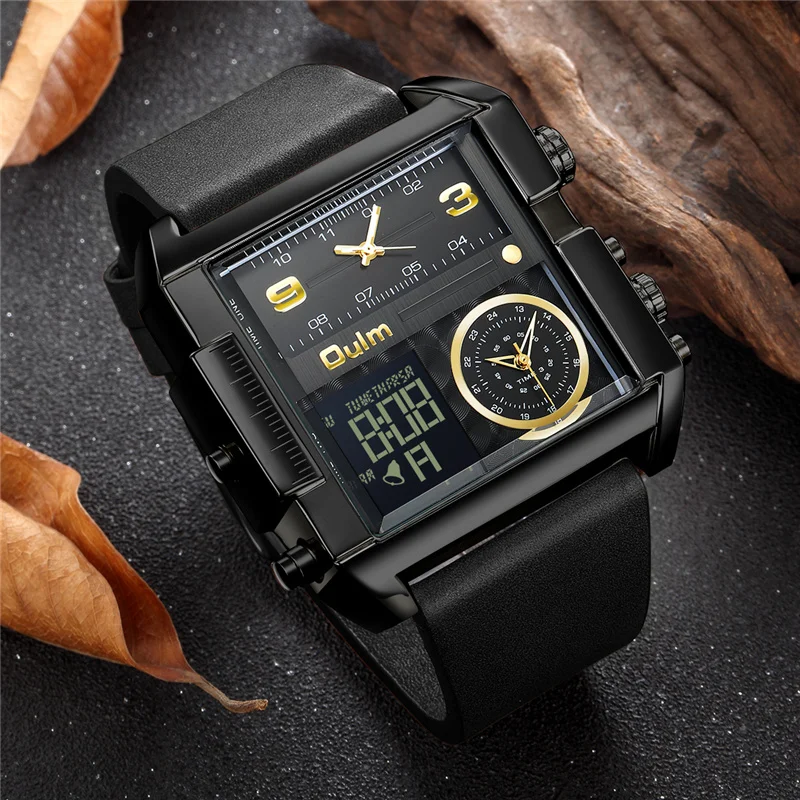

Oulm 2021 New Male Sport Watch 3 Time Zone Led Digital Display Men's Big Dial Quartz Clock Men Leather Strap Wristwatches
