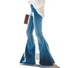 Модные джинсовые расклешенные брюки женские Ретро рваные джинсы Широкие брюки леди случайный звонок-низ расклешенные брюки женские горячие N23