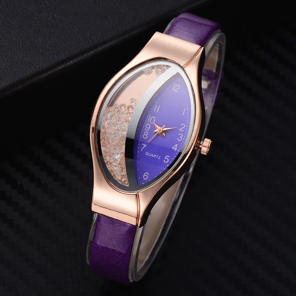 Women Fashion Luxury Watch Leather Strap Women Bracelet Clock Ellipse Rhinestone PU Sport Quartz Watch Wrist Watches For Women