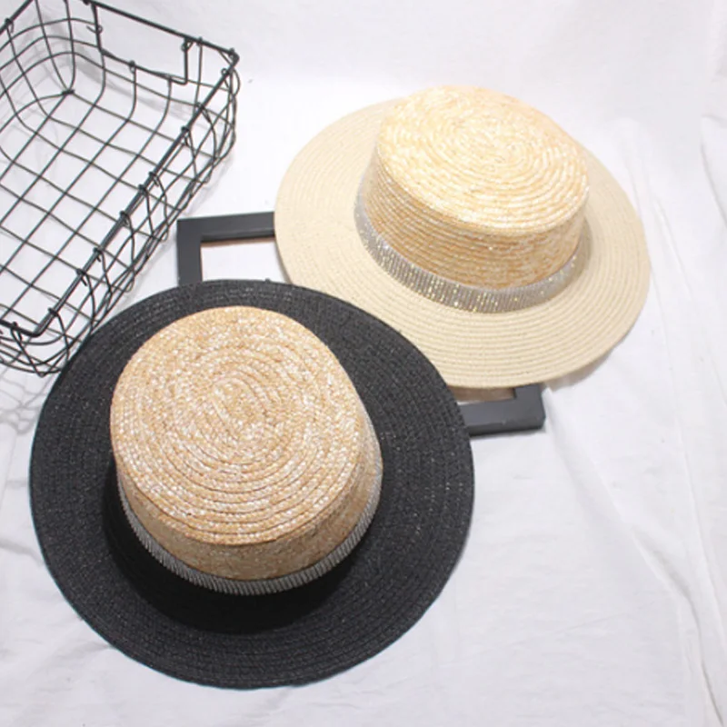 Trend Hats Men And Women Summer Straw Visor Seaside Vacation Color Matching Straw Flat Straw Hat Bright Diamond Hat Travel Beach