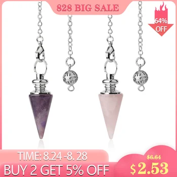 

CSJA Conical Pendulum Natural Stone Taper Pendulums Silver Color Chain Crystal Pendants for Dowsing Spiritual Reiki Jewelry G491