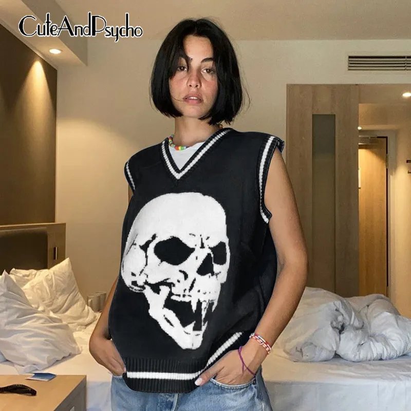 

Y2K Sweaters for Women Skulls Pullovers V Neck Knitwear Loose Casual 90s Tank Top Streetwear Knit Tops 2020 Autumn Cuteandpsycho