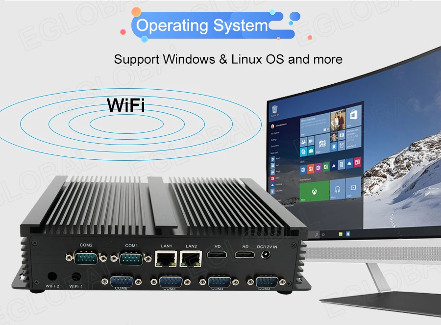 Elevate Your Workspace with Eglobal Industrial Mini PC - Intel Core i3/i5, 2 RJ45 LAN, 2 HDMI, Linux Desktop Computer, 6 RS232 COMs, 8 USB, Windows Ready Description Image.