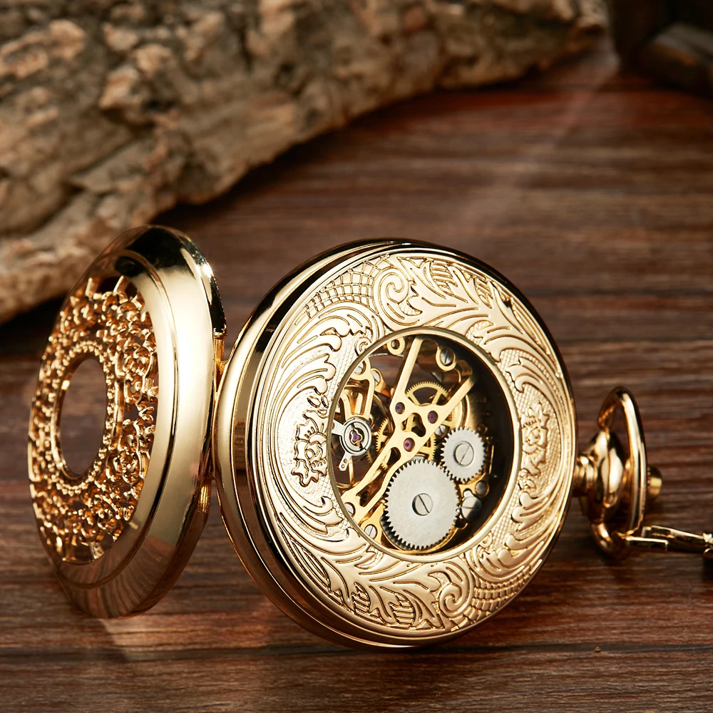 Golden Luxury Mechanical Pocket Watches Men Carved Hollow Women Retro Stainless Steel Clock Steampunk Pendant reloj hombre Gifts