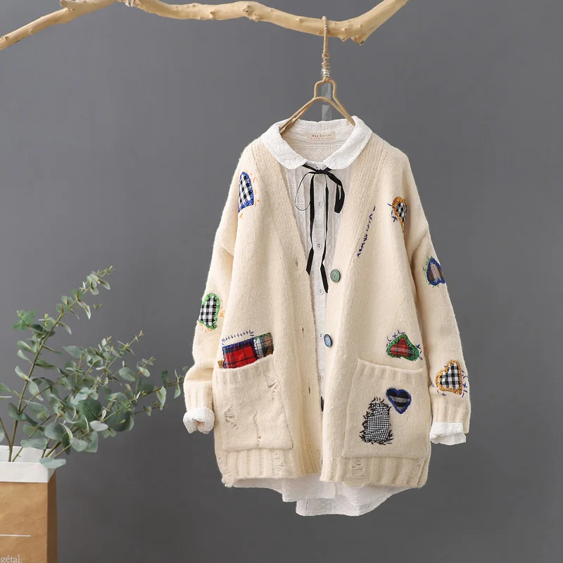 

V-neck sweater long sleeve knit cardigan women's thick coat with holes