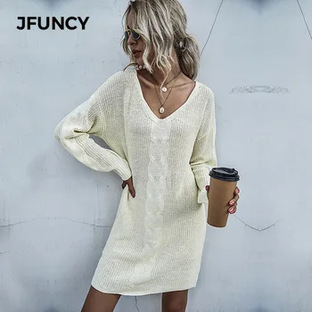 

JFUNCY 2020 Autumn Winter Women Long Sweater New V-Neck Long Sleeve Knit Sweater Skirt Women Long Thin Sweater Dress