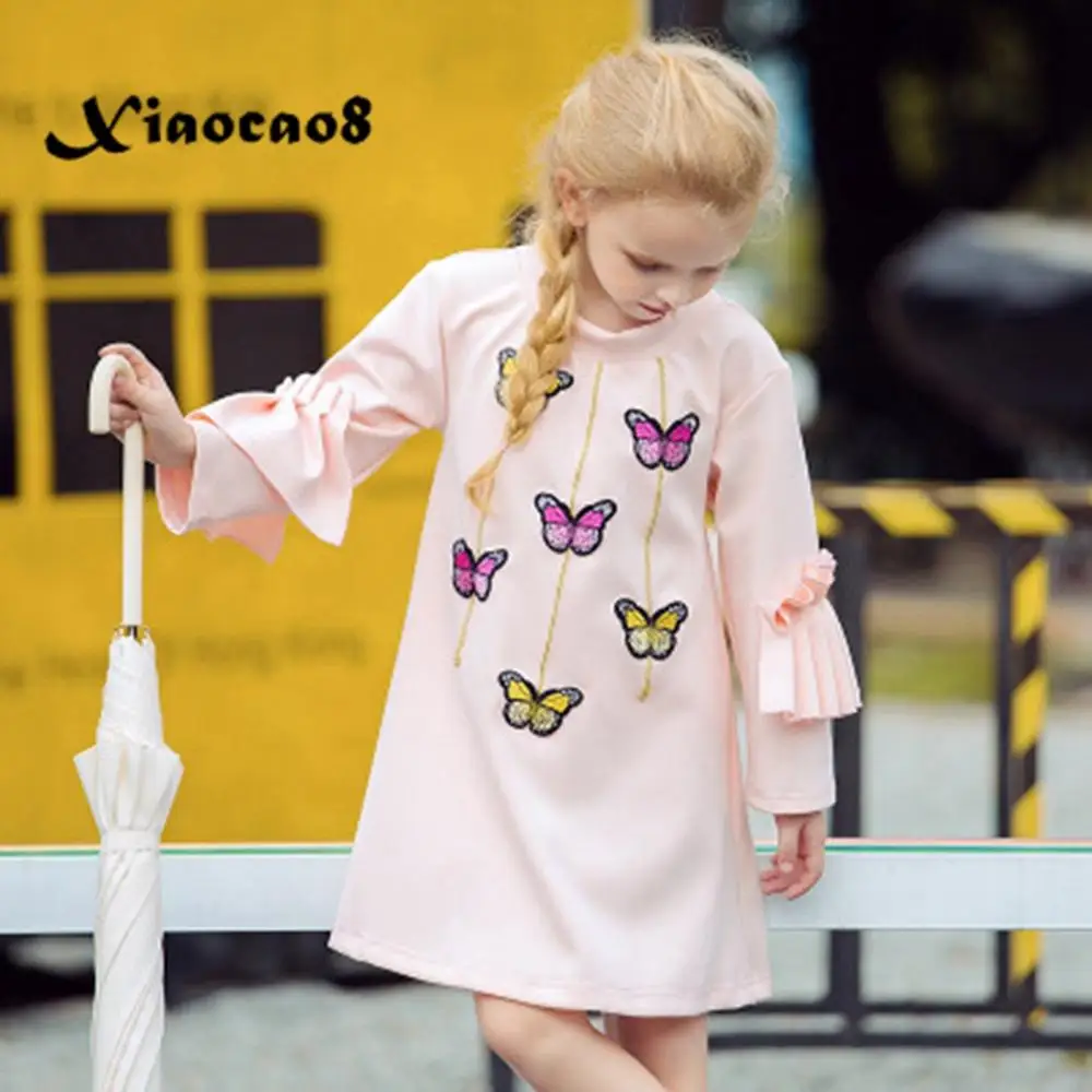 Одежда для маленьких девочек новое осенне-весеннее платье для девочек Детские хлопковые розовые платья с бабочками для девочек, праздничная одежда осеннее платье для малышей