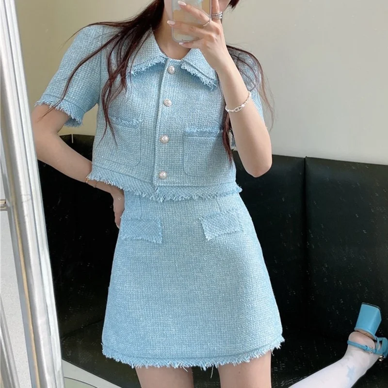 

Women Two Piece Sets Tweed Sweet Elegance Short Sleeve Turn-down Collar Button Tops HighWaist Mini A-line Skirt Outfits