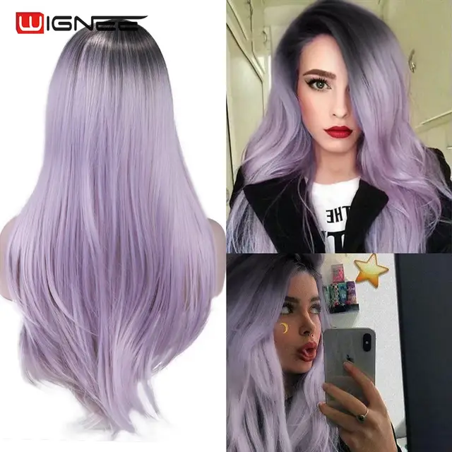 Wignee Long Natural Straight Wig Blonde Middle Part Cosplay Party Lolita Synthetic Wigs for Women Heat Resistant Fiber 1B Light purple