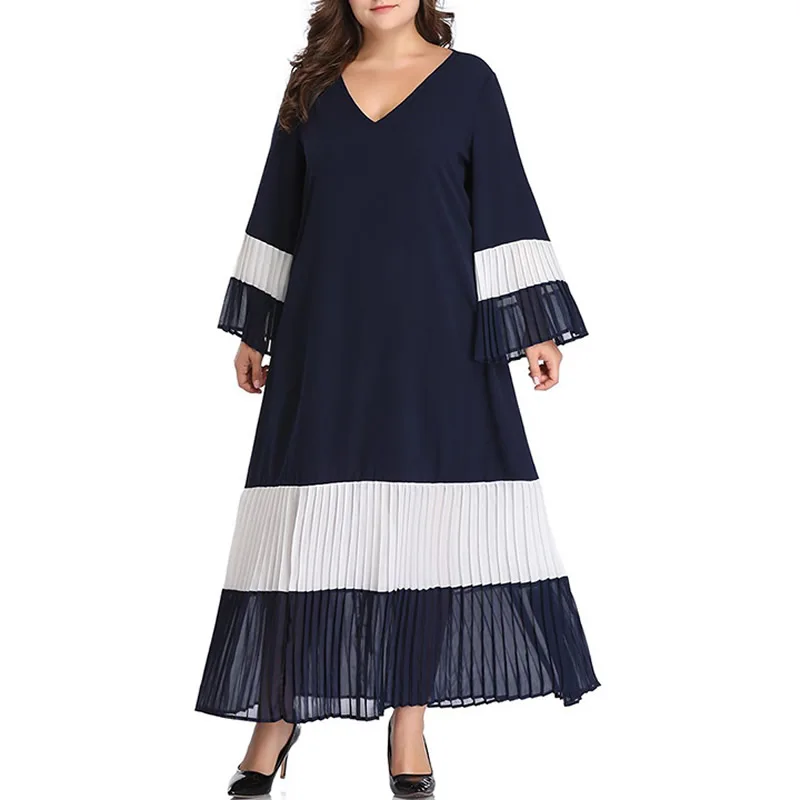 

Women Summer Long Sleeve Dress V Neck Flare Sleeve Elegant Patchwork Pleated Long Boho Dress Loose Plus Size Beach Maxi Dresses
