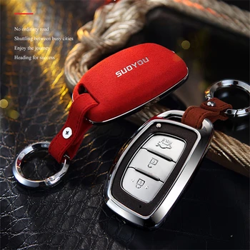 

2019 Suede Leather Zinc alloy Car Key Protection Case Cover For Hyundai Creta I10 I20 Tucson Elantra Santa Fe 2016 2017 2018