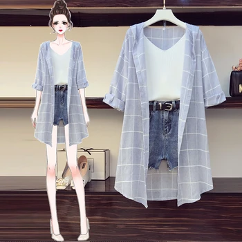 

HAMALIEL New Summer 3 Piece Shorts Suit Women Plus Size Cotton Plaid Hooded Long Shirt + Knitted Vest + Jeans Hole Shorts Set