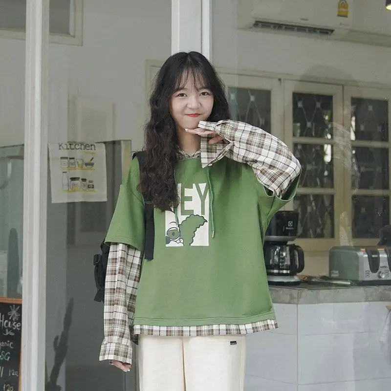 

Girl's Oversized Sweatshirts Spring Autumn Women's Long Sleeve Casual Sweet Ins Style False Two-piece Shirts Student Pullover