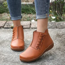 Женские зимние ботинки; ботильоны из искусственной кожи на плоской подошве со шнуровкой и круглым носком; whipping