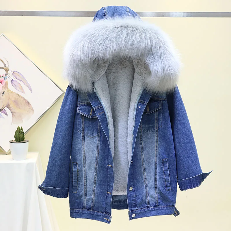 2019 зимняя джинсовая куртка для женщин с большим меховым воротником и капюшоном