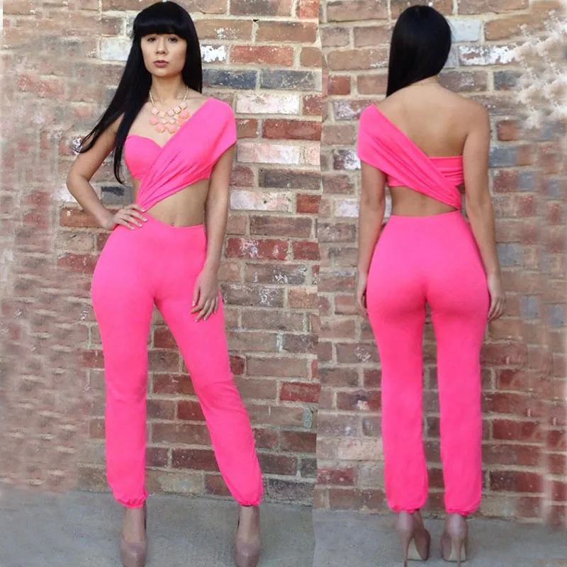 Women One Shoulder Ruffles Sexy Jumpsuits Irregular Sleeve Elastic High Waist Summer Autumn Overall Bodysuits Female Big Size