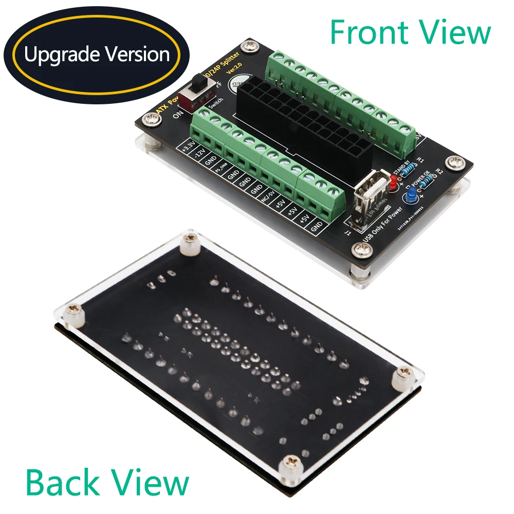 

Upgrade Version ATX 24/20 Pin Power Supply Breakout Board Module With USB 5V Port and Acrylic Base