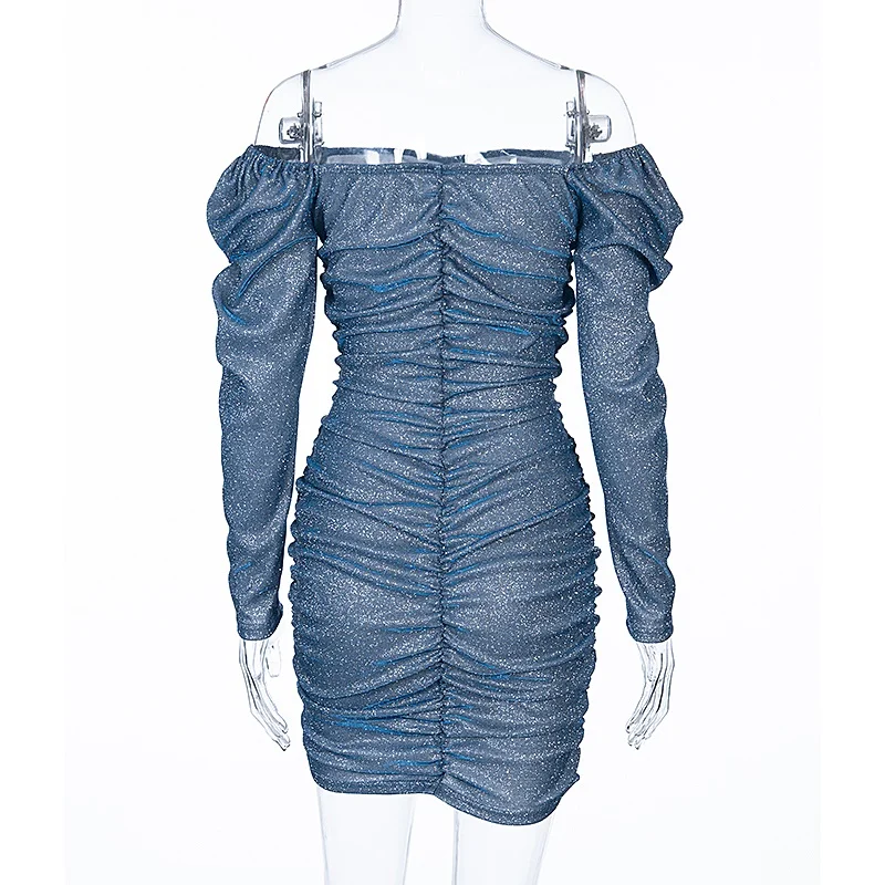 Chicology блестящее мини платье женское с открытыми плечами с рюшами облегающее обтяжку вечерние Клубные осень зима Сексуальные Рождество одежда