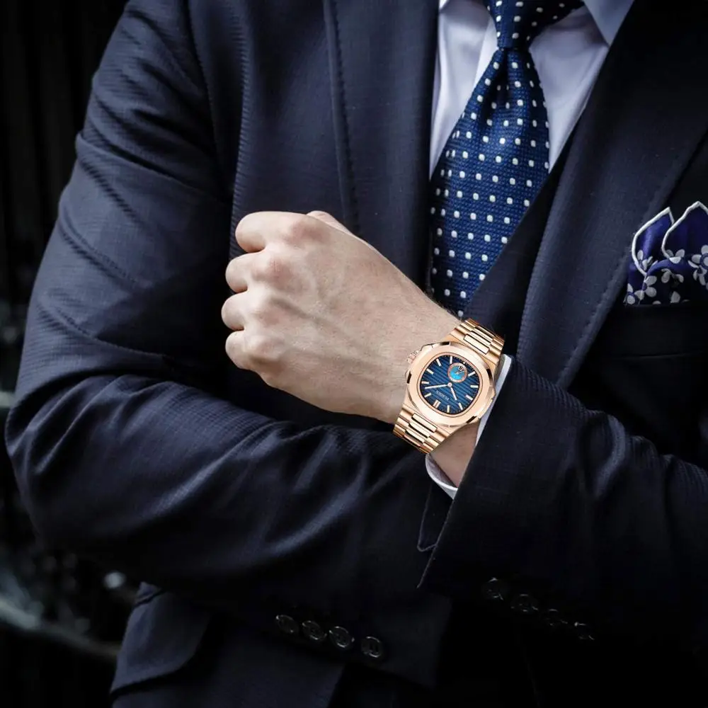 PLADEN Unique Watch Men Luxury Gold Mens Watches Top Brand Luxury Stainless Steel Mens Fashion Blue Quartz Watch Gifts For Men