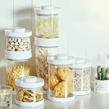 

Transparent Press Style Airtight Food Glass Storage Box Grains Nuts Tank Spice Jars Candy Box Kitchen Sorting Food Storage Cans