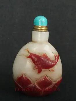 

YIZHU CULTUER ART Antique Collection China Glaze Hand Carved Auspicious Fish Lotus Snuff Bottles